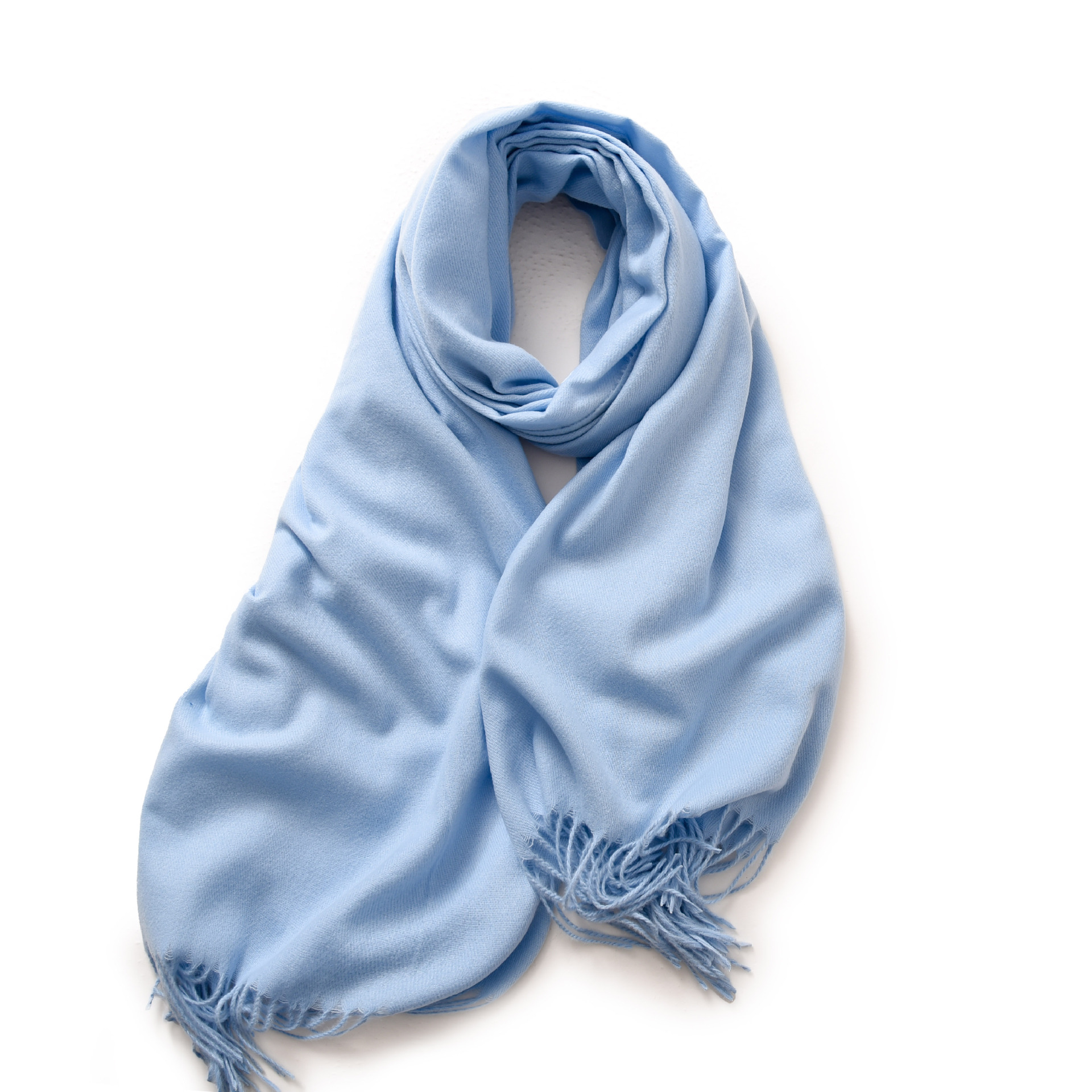 V888-ELOSUNG19644-202503111106-00 Sky Blue 2 PCS Skin Red Solid Color Scarf Shawl with Tassels - Warm Korean Style Wrap (180cm x 70cm) - Image 1