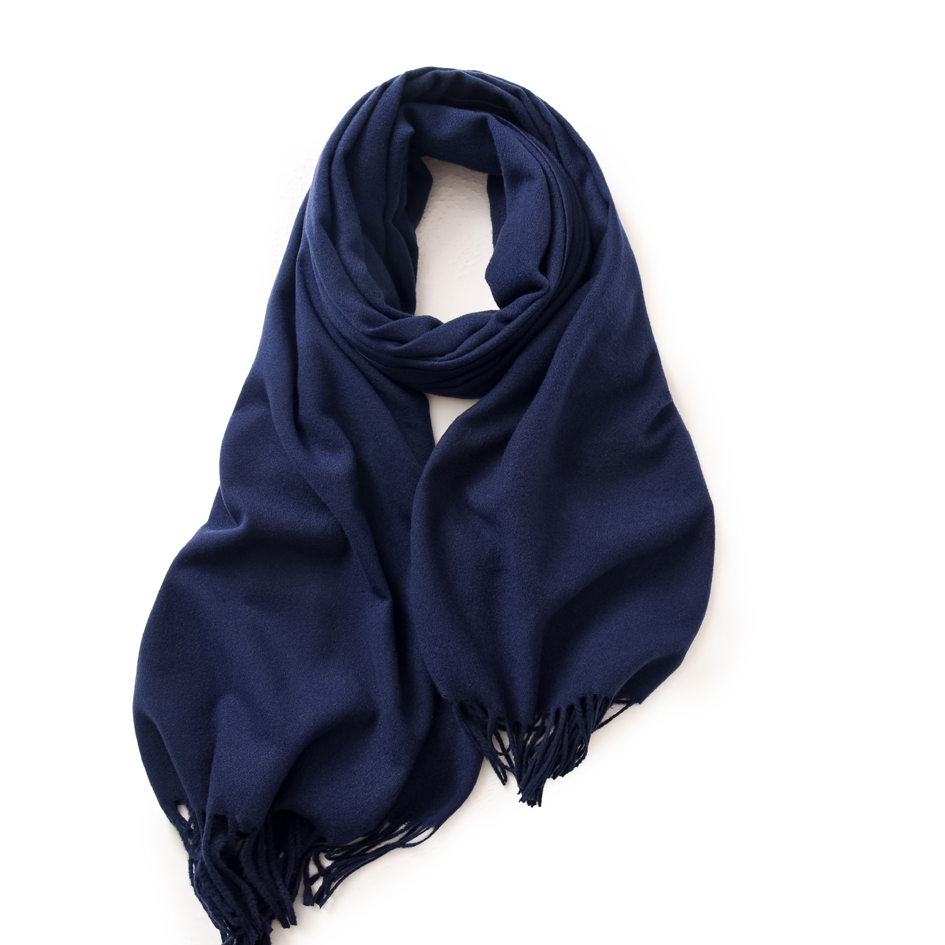 V888-ELOSUNG19649-202503111107-00 Navy Blue 2 PCS Skin Red Solid Color Scarf Shawl with Tassels - Warm Korean Style Wrap (180cm x 70cm) - Image 1