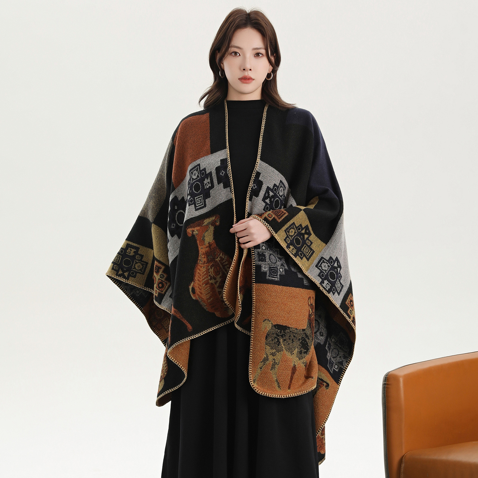 V888-ELOSUNG19658-202503111116-00 Vintage Heritage Map - Black Orange Elegant Autumn Winter Shawl - Artistic Split-Design Knit Cloak with Oil Painting Style - Image 1
