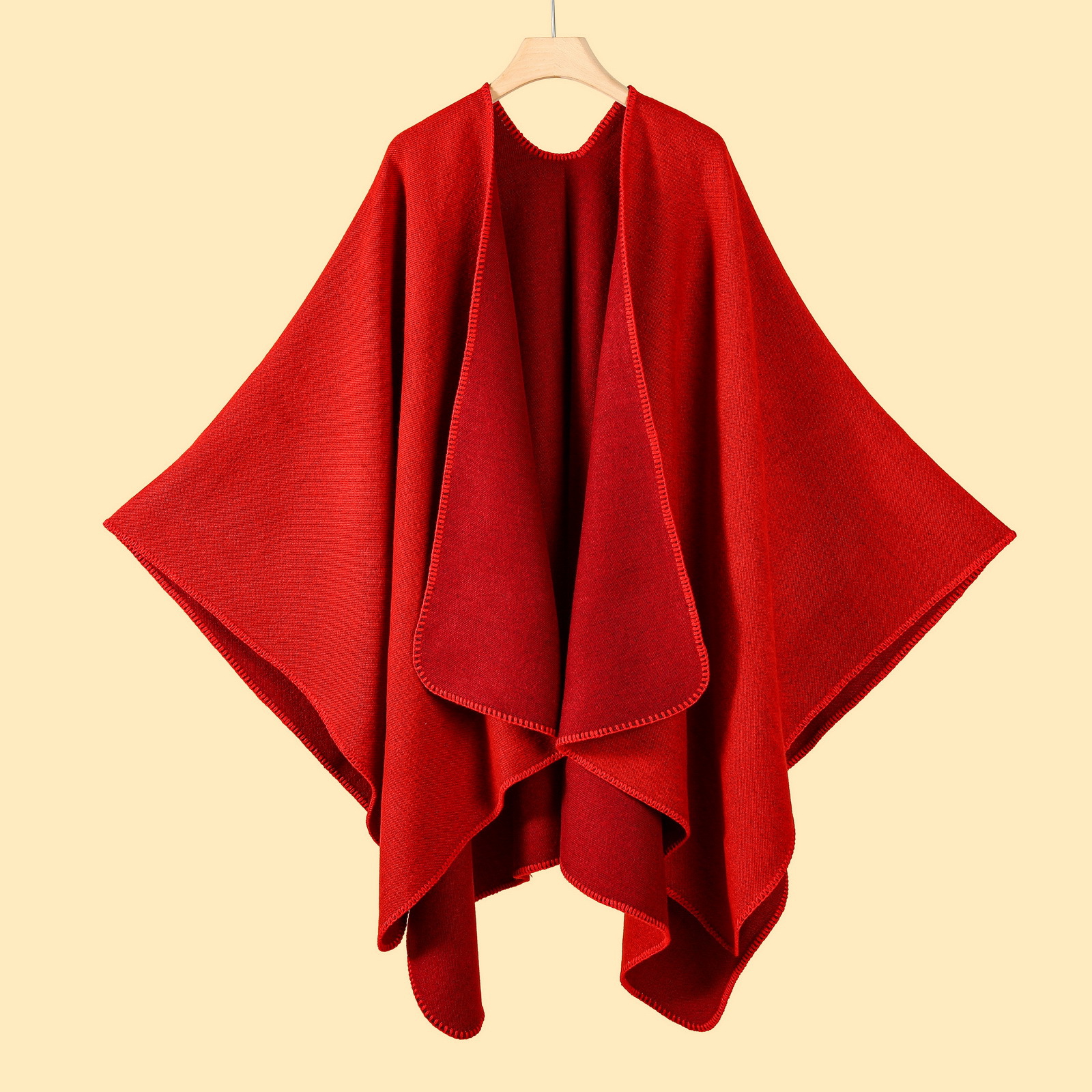 V888-ELOSUNG19666-202503111116-00 Red Elegant Autumn Winter Shawl - Artistic Split-Design Knit Cloak with Oil Painting Style - Image 1