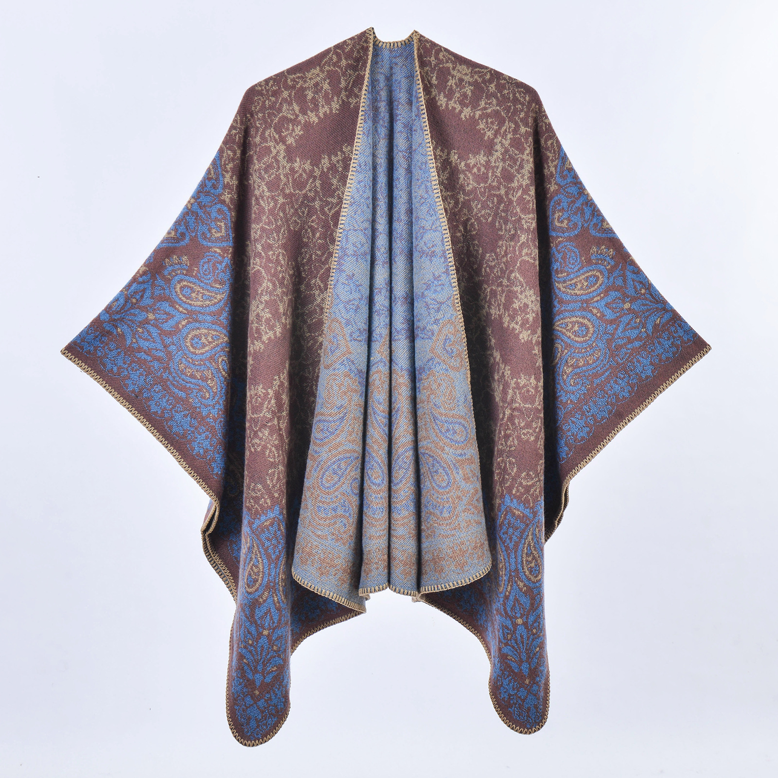 V888-ELOSUNG19671-202503111120-00 Cashew Crush - Purple Elegant Autumn Winter Shawl - Artistic Split-Design Knit Cloak with Oil Painting Style - Image 1