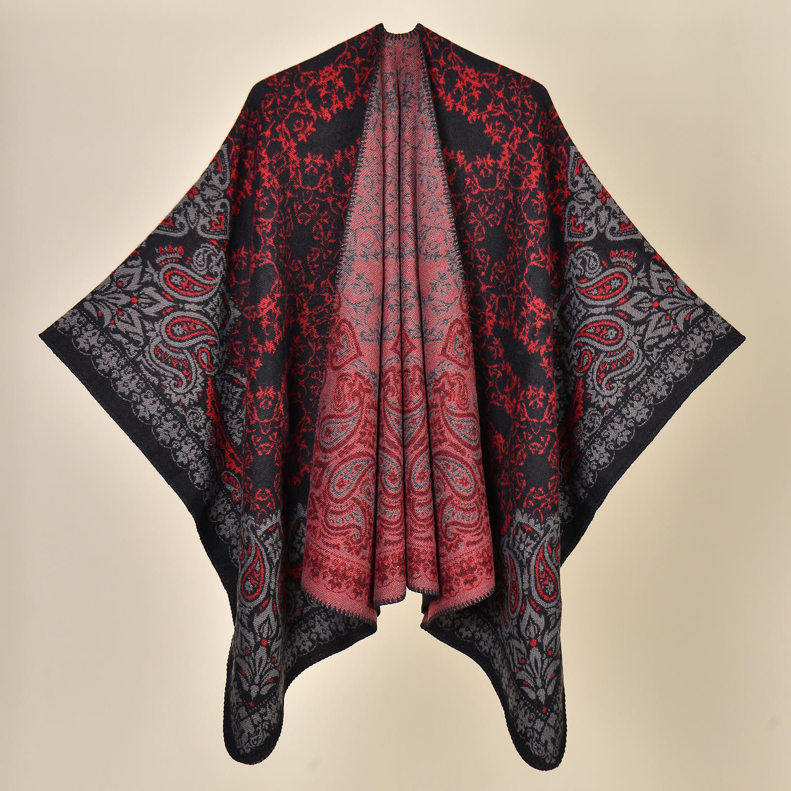 V888-ELOSUNG19672-202503111120-00 Cashew Crush - Black Red Elegant Autumn Winter Shawl - Artistic Split-Design Knit Cloak with Oil Painting Style - Image 1