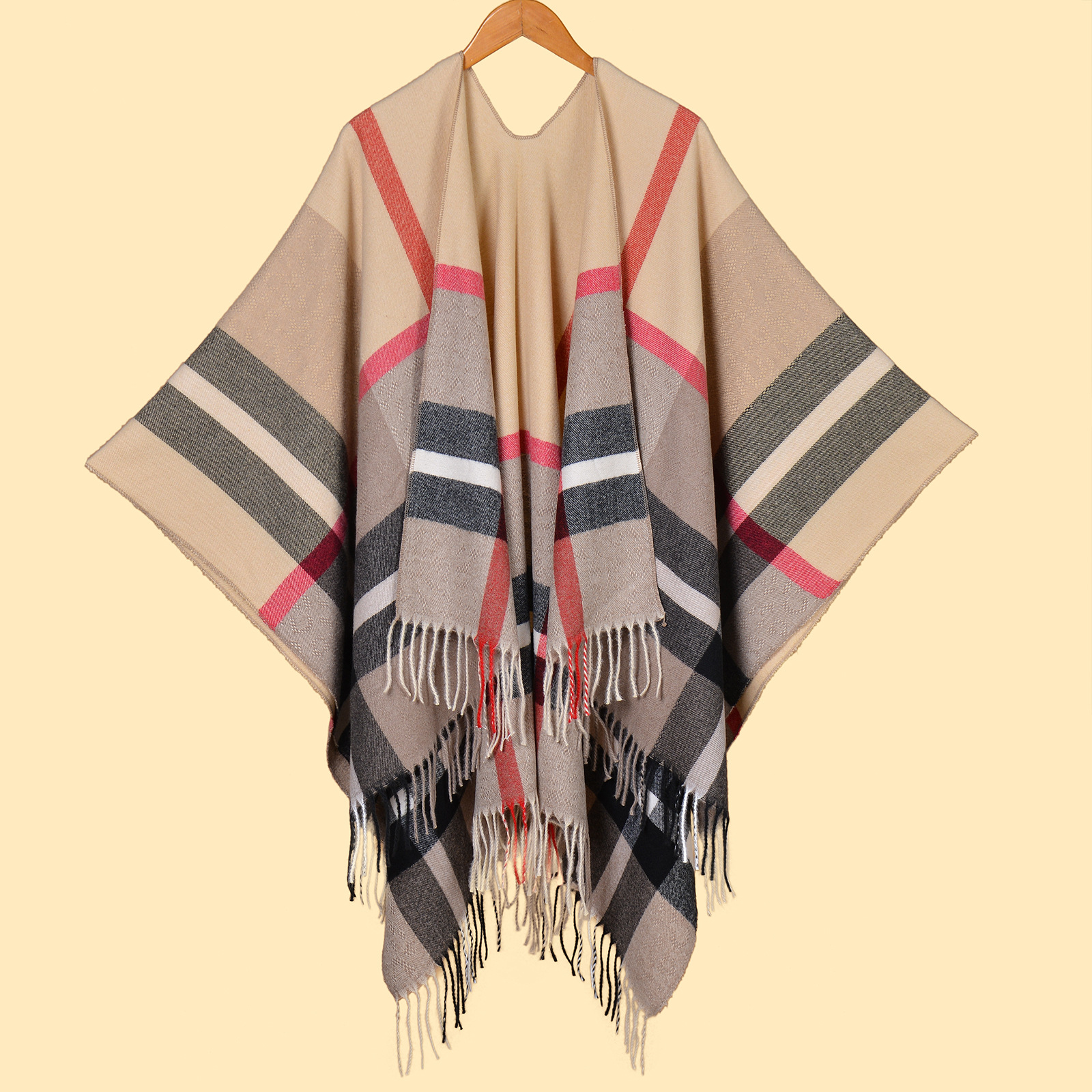 V888-ELOSUNG19680-202503111121-00 Classic Plaid Khaki Elegant Autumn Winter Shawl - Artistic Split-Design Knit Cloak with Oil Painting Style - Image 1