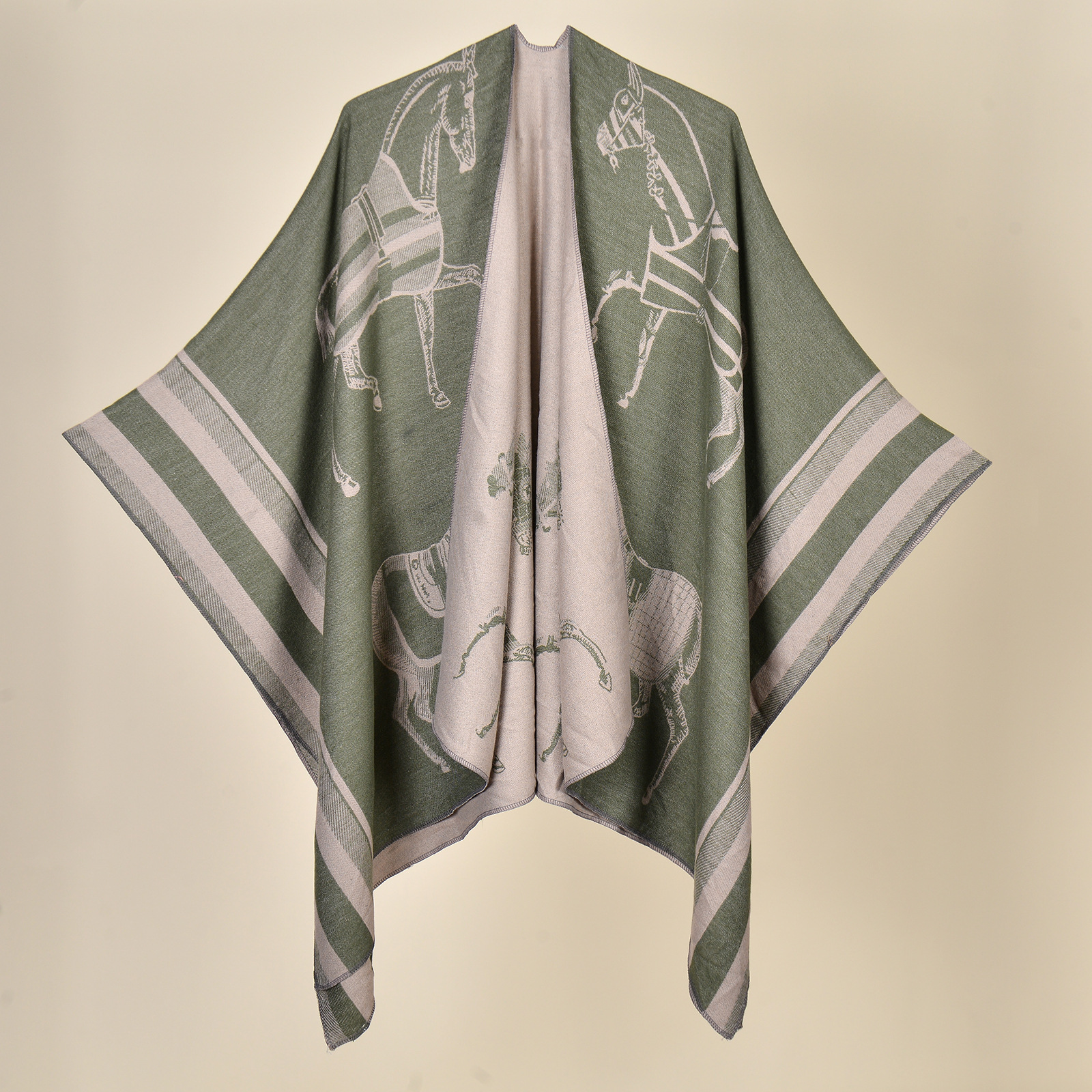 V888-ELOSUNG19687-202503111121-00 War Horse Green Elegant Autumn Winter Shawl - Artistic Split-Design Knit Cloak with Oil Painting Style - Image 1
