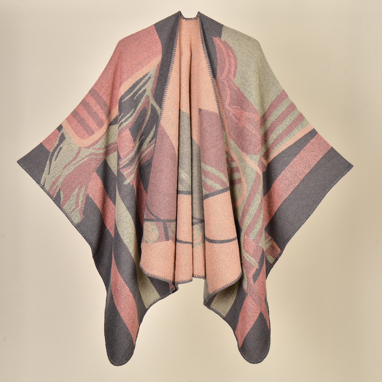 V888-ELOSUNG19688-202503111125-00 Dumas Pink Elegant Autumn Winter Shawl - Artistic Split-Design Knit Cloak with Oil Painting Style - Image 1