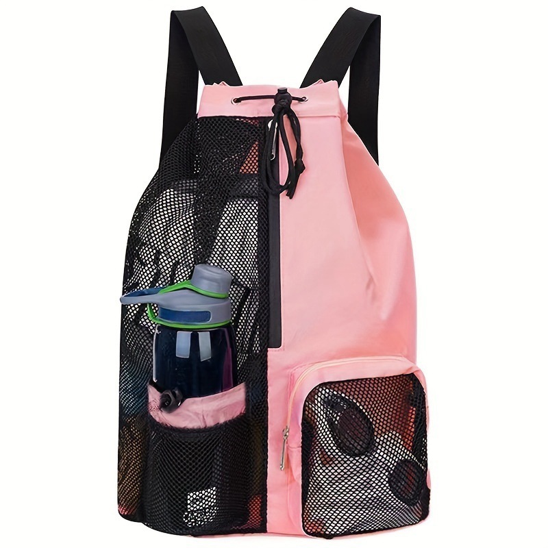 V888-ELOSUNG19871-202503181051-00 Pink Mesh Drawstring Swim Backpack with Wet Bag - Durable Beach Gym Bag for Wet Gear - Image 1