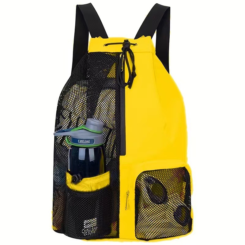 V888-ELOSUNG19874-202503181052-00 Yellow Mesh Drawstring Swim Backpack with Wet Bag - Durable Beach Gym Bag for Wet Gear - Image 1