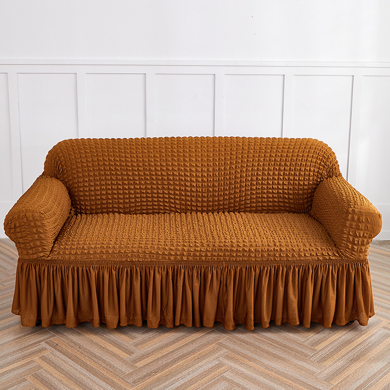 V888-ELOSUNG19952-202503211606-00 Mustard Yellow Double Sofa Bubble Gauze Sofa Cover with Skirt - Full Elastic Dustproof Double Seater 145-185cm - Image 1