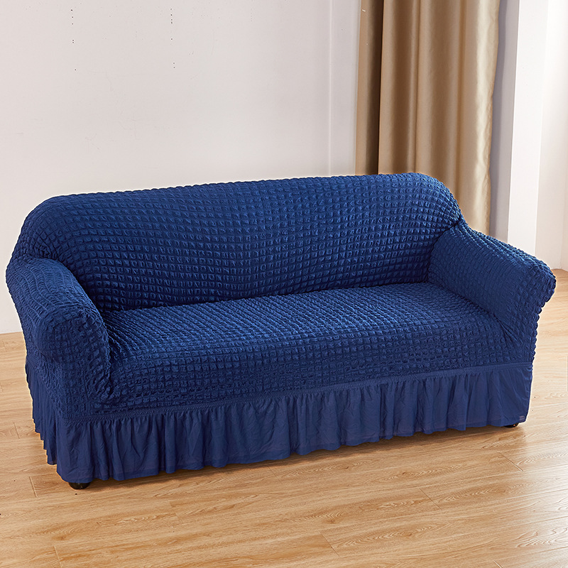 V888-ELOSUNG19956-202503211609-00 Navy Blue Double Sofa Bubble Gauze Sofa Cover with Skirt - Full Elastic Dustproof Double Seater 145-185cm - Image 1