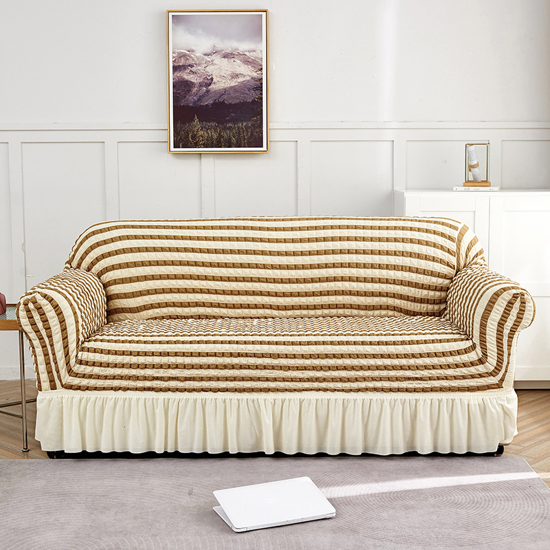 V888-ELOSUNG19962-202503211618-00 Beige-coffee Double Sofa Bubble Gauze Sofa Cover with Skirt - Full Elastic Dustproof Double Seater 145-185cm - Image 1