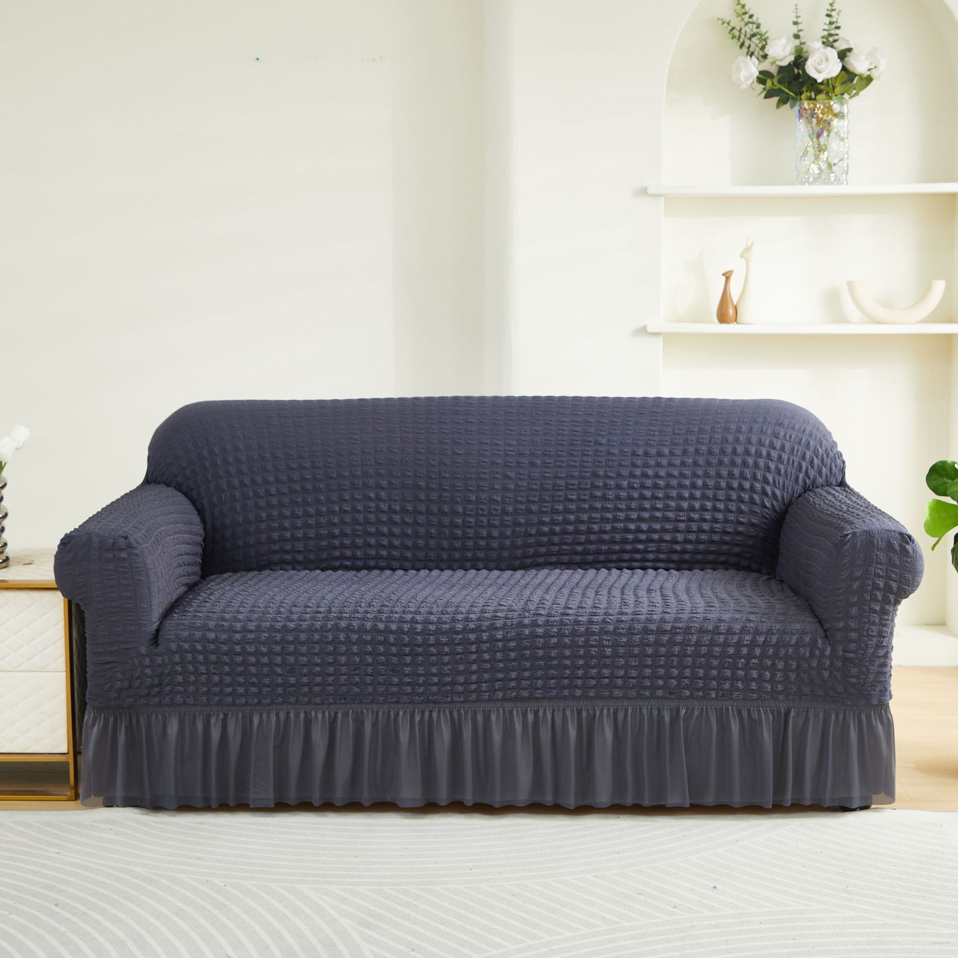 V888-ELOSUNG19966-202503211520-00 Dark Grey Three-person Sofa Bubble Gauze Sofa Cover with Skirt - Full Elastic Dustproof Three-person Seater 190-230cm - Image 1