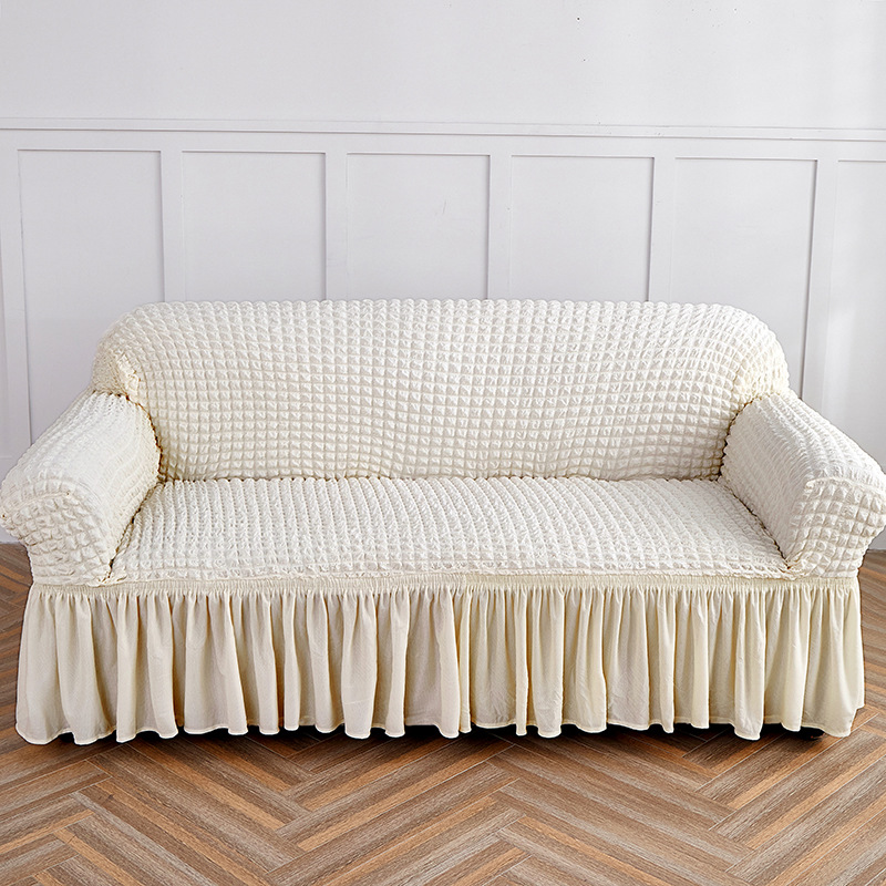V888-ELOSUNG19979-202503211524-00 White Three-person Sofa Bubble Gauze Sofa Cover with Skirt - Full Elastic Dustproof Three-person Seater 190-230cm - Image 1