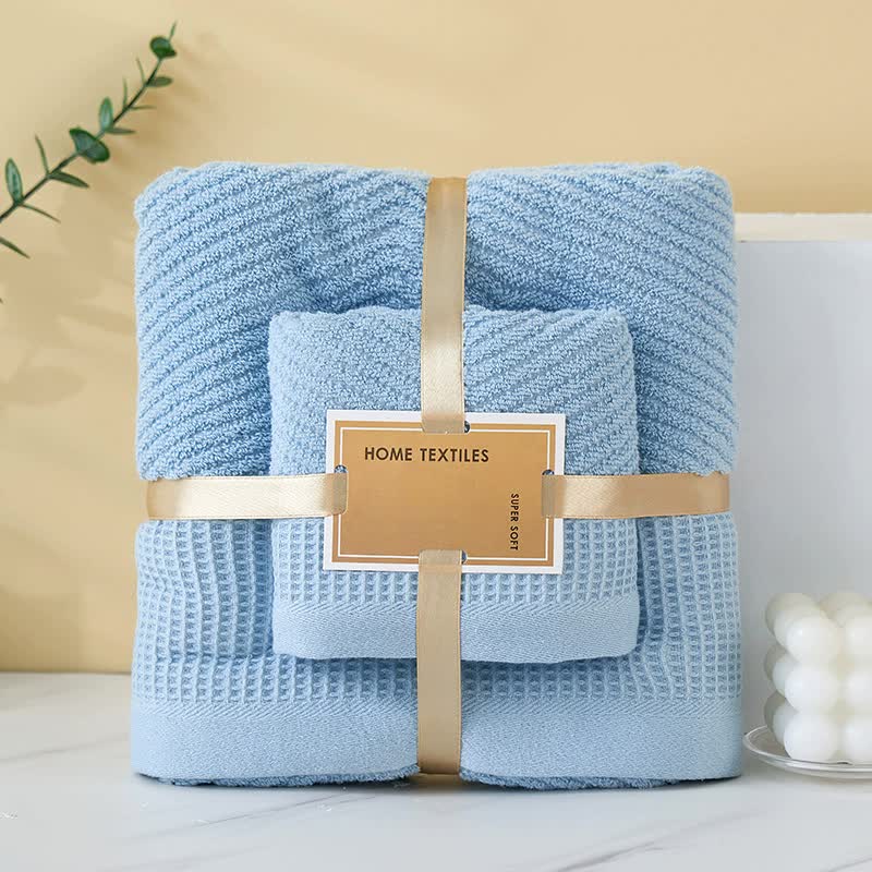 V888-ELOSUNG20011-223275-00 Blue Solid Color Diagonal Stripe Towel Set - Luxurious Bath and Hand Towels for Home Use Bath towel 140*70cm, face towel 75*35cm - Image 1