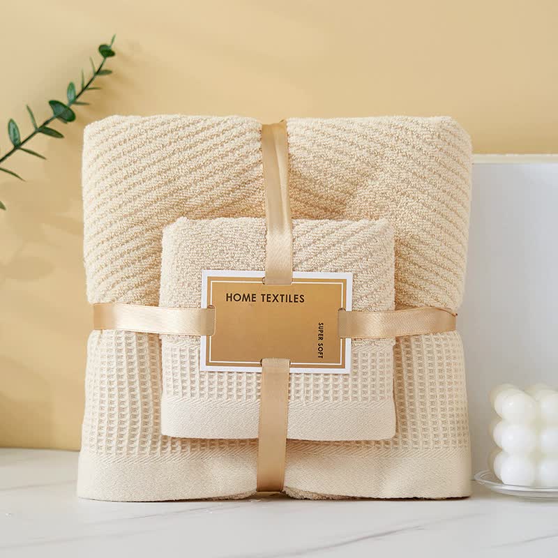 V888-ELOSUNG20012-223276-00 Camel Solid Color Diagonal Stripe Towel Set- Luxurious Bath and Hand Towels for Home Use Bath towel 140*70cm, face towel 75*35cm - Image 1