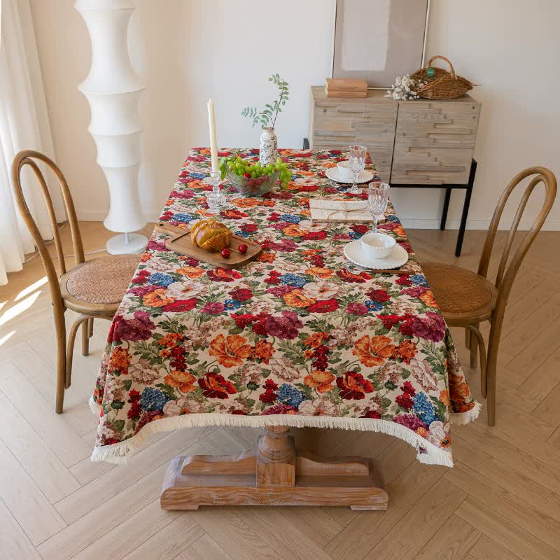 V888-ELOSUNG20023-224124-00 Floral Cotton Linen Tablecloth | Vintage Style Country Garden Design, 120*120cm - Image 1
