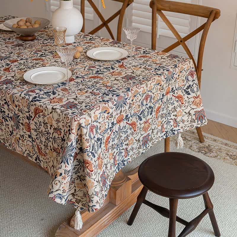 V888-ELOSUNG20026-224336-00 Floral Vintage Bird Tassel Tablecloth | Vintage Cotton and Linen Jacquard Tablecloth, 90x90cm - Image 1