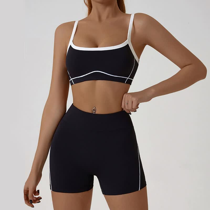 V888-ELOSUNG20072-224371-00 Black Sporty Yoga Set with Contrast Spaghetti Straps - Slim Fit Outdoor Fitness Wear - Size M - Image 1