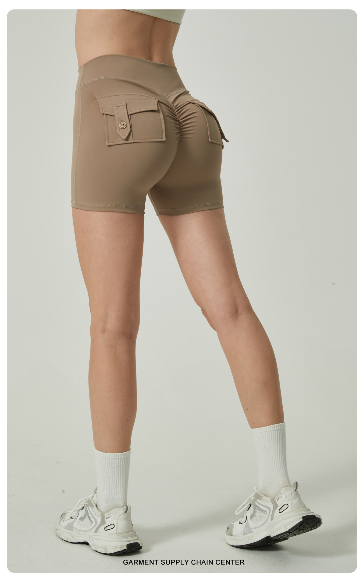 V888-ELOSUNG20232-225024-00 Khaki High-Waisted Yoga Shorts with Pockets for Women - Butt-Lifting, Breathable, and Comfortable Activewear L - Image 1