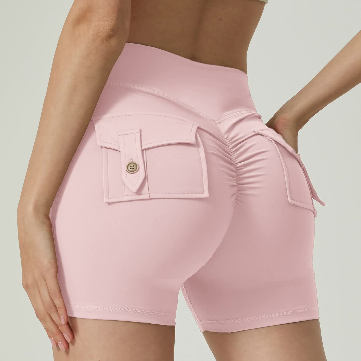 V888-ELOSUNG20234-224116-00 Pink High-Waisted Yoga Shorts with Pockets for Women - Butt-Lifting, Breathable, and Comfortable Activewear M - Image 1
