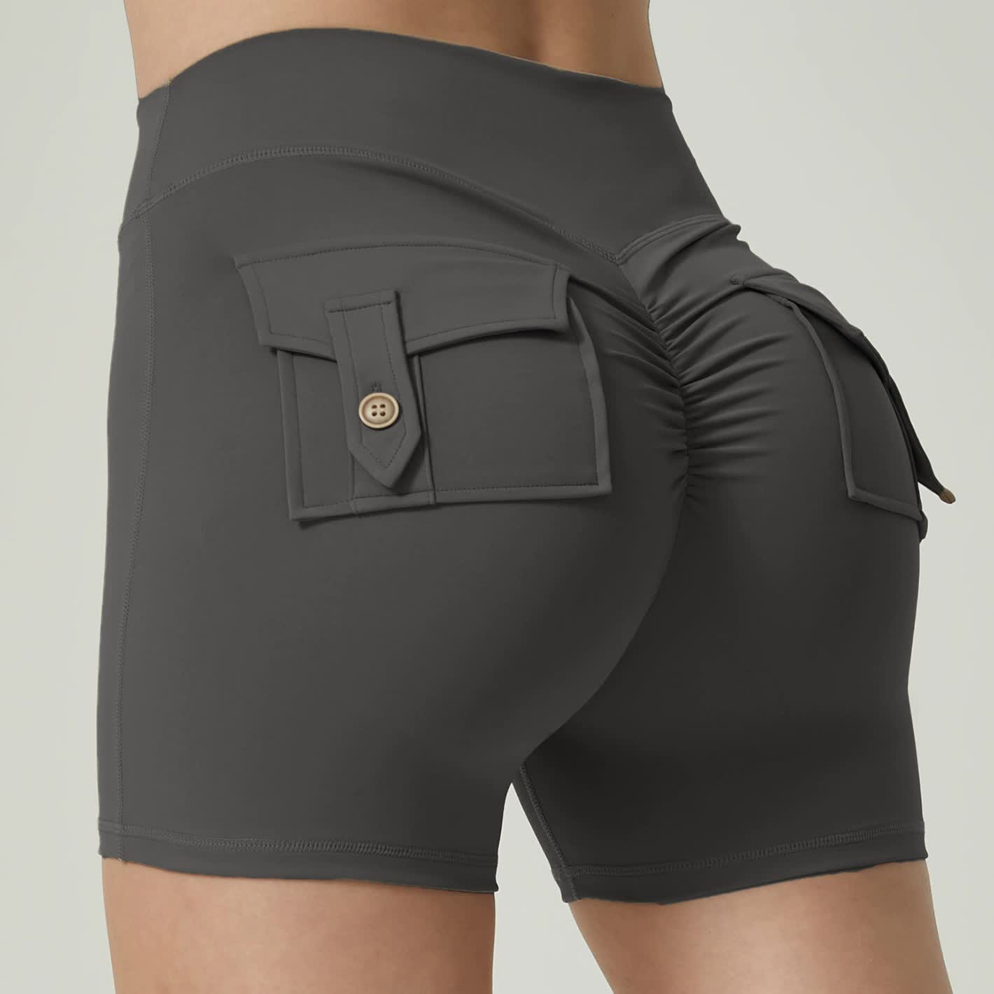 V888-ELOSUNG20237-224125-00 Grey High-Waisted Yoga Shorts with Pockets for Women - Butt-Lifting, Breathable, and Comfortable Activewear M - Image 1