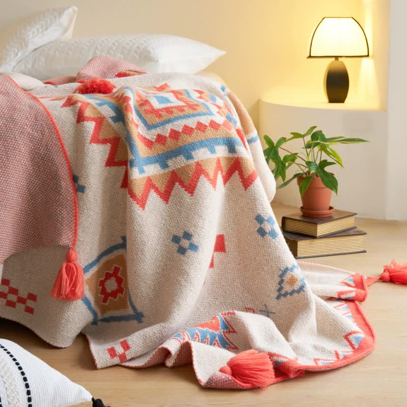 V888-ELOSUNG20328-225987-00 Orange Bohemian Geometric Tassel Throw Blanket - Soft Cotton Blend for Bedroom, Living Room, and Sofa 130x170cm - Image 1
