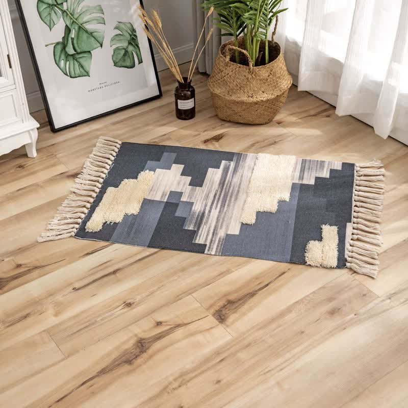 V888-ELOSUNG20335-225925-00 Handwoven Cotton Tassel Floor Rug for Bedroom or Living Room|Soft, Modern Geometric Design,60x90cm - Image 1