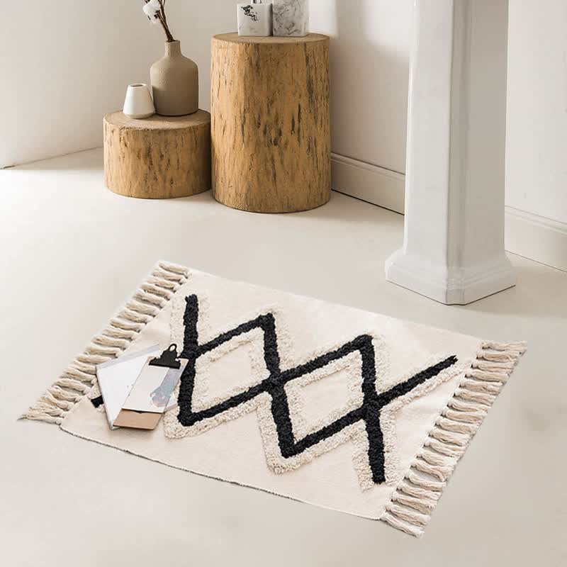 V888-ELOSUNG20337-225929-00 Handwoven Cotton Tassel Floor Rug for Bedroom or Living Room|Soft, Modern Geometric Design,60x90cm - Image 1