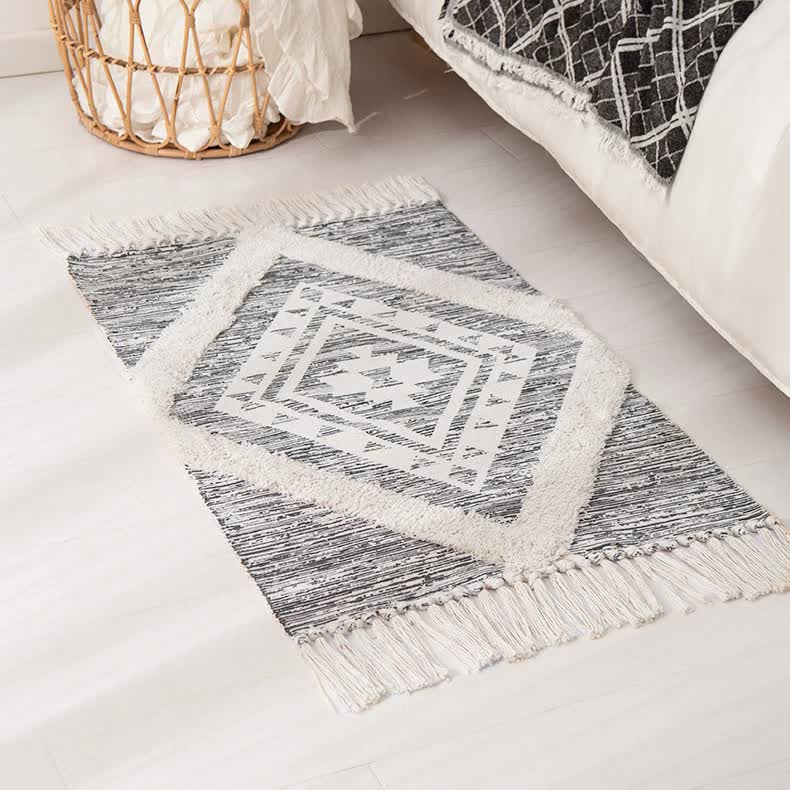 V888-ELOSUNG20344-225943-00 Handwoven Cotton Tassel Floor Rug for Bedroom or Living Room|Soft, Modern Geometric Design,60x90cm - Image 1