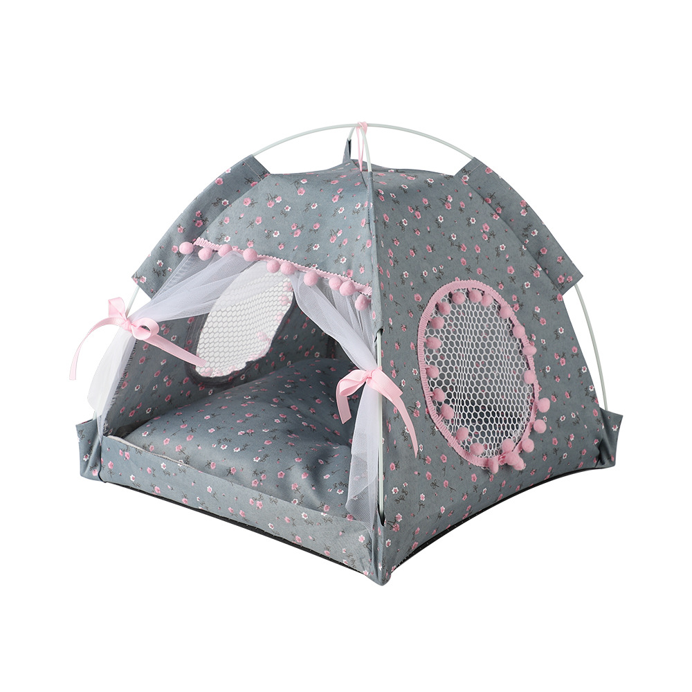 V888-ELOSUNG20423-227292-00 Gray floral Portable Folding Pet Tent - Summer Cat & Dog Shelter with Mesh Window, Lightweight and Breathable, Ideal for Travel & Home Use 40x40x35CM - Image 1