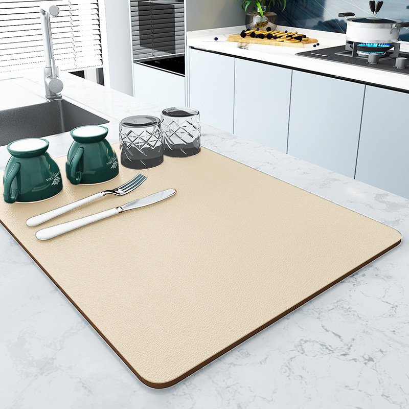 V888-ELOSUNG20499-202502241105-00 Beige Kitchen Drying Mat - Super Absorbent Dish & Cup Drainer Pad 50x60cm - Image 1