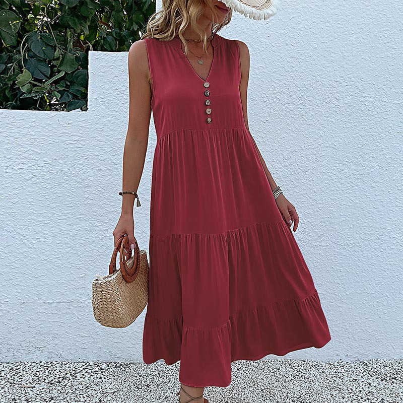 V888-ELOSUNG20567-202502261823-00 Wine red Flowy Sleeveless Midi Dress - Sleeveless solid sundress with decorative buttons Size M - Image 1