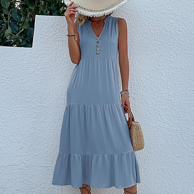 V888-ELOSUNG20575-202502261521-00 Light blue Flowy Sleeveless Midi Dress - Sleeveless solid sundress with decorative buttons Size L - Image 1