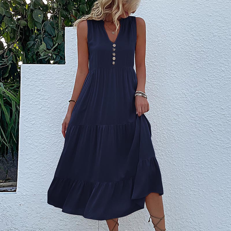 V888-ELOSUNG20576-202502261521-00 Navy blue Flowy Sleeveless Midi Dress - Sleeveless solid sundress with decorative buttons Size L - Image 1