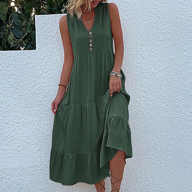 V888-ELOSUNG20579-202502261526-00 Green Flowy Sleeveless Midi Dress - Sleeveless solid sundress with decorative buttons Size XL - Image 1