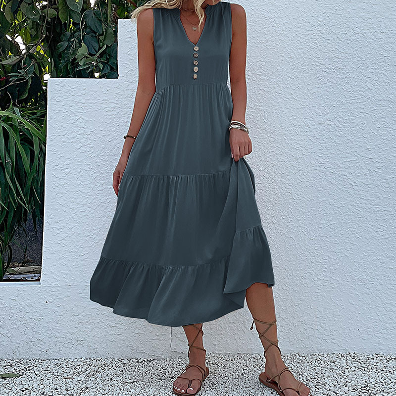 V888-ELOSUNG20580-202502261526-00 Dark grey Flowy Sleeveless Midi Dress - Sleeveless solid sundress with decorative buttons Size XL - Image 1