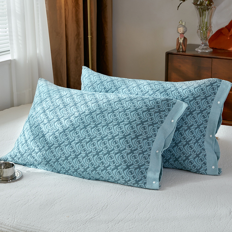 V888-ELOSUNG20685-202502281036-00 Blue B pattern Snap-On Cotton Gauze Pillowcase Set - Full Coverage, Non-Slip, Easy Closure (One pair without pillow core) - Image 1