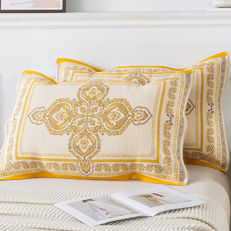 V888-ELOSUNG20694-202502281116-00 Pair of Yellow pattern Tied Cotton Gauze Pillow Cover - Secure Fit, Premium Comfort (Insert Not Included) - Image 1