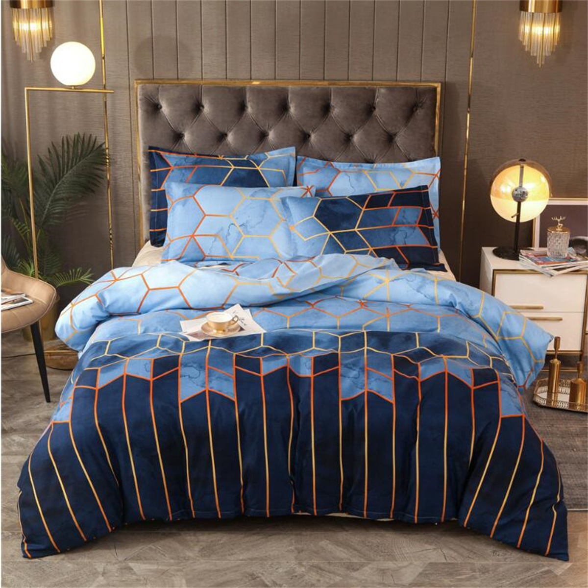 V888-ELOSUNG20758-202503030948-00 Geometric Print Duvet Cover - 3 Piece Blue Ombre Bedding Set Quilt cover 230x230cm-Pillow cover 51x76cm - Image 1