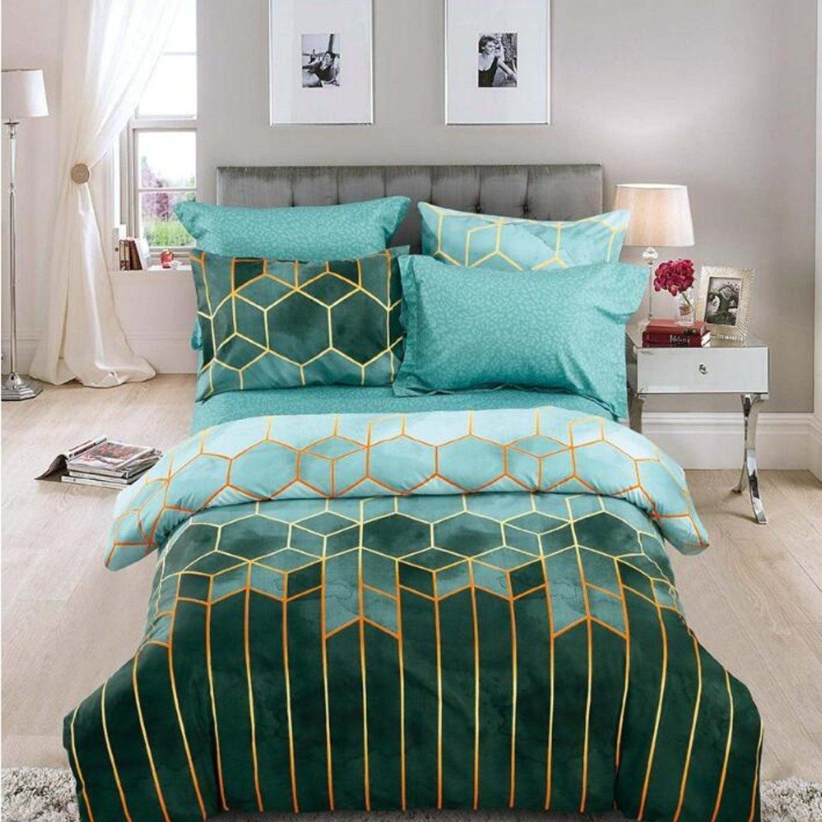 V888-ELOSUNG20767-202503031003-00 Geometric Print Duvet Cover - 3 Piece Green Ombre Bedding Set Quilt cover 230X265cm-Pillowcase 51X92cm - Image 1