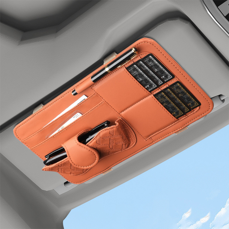 V888-ELOSUNG20857-202503071332-00 Brown Car Organizer - Sun Visor Clip with Sunglasses Holder, Card Holder, Cash Pocket - Image 1