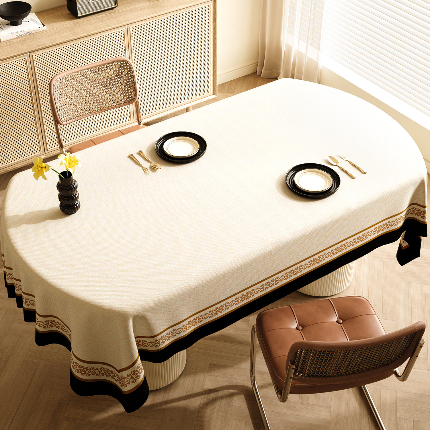 V888-ELOSUNG21088-225966-00 Style B Black And Off White Premium PVC Tablecloth - Oil & Water Resistant Table Cover for Dining Tables (140 x 220 cm) - Image 1
