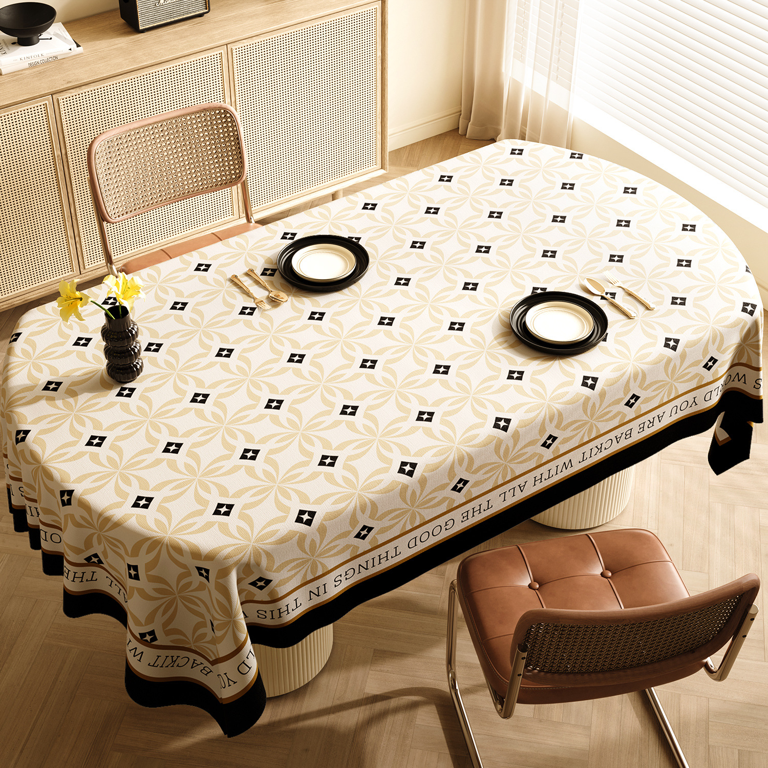 V888-ELOSUNG21091-225969-00 Style E Black And Off White Premium PVC Tablecloth - Oil & Water Resistant Table Cover for Dining Tables (140 x 220 cm) - Image 1