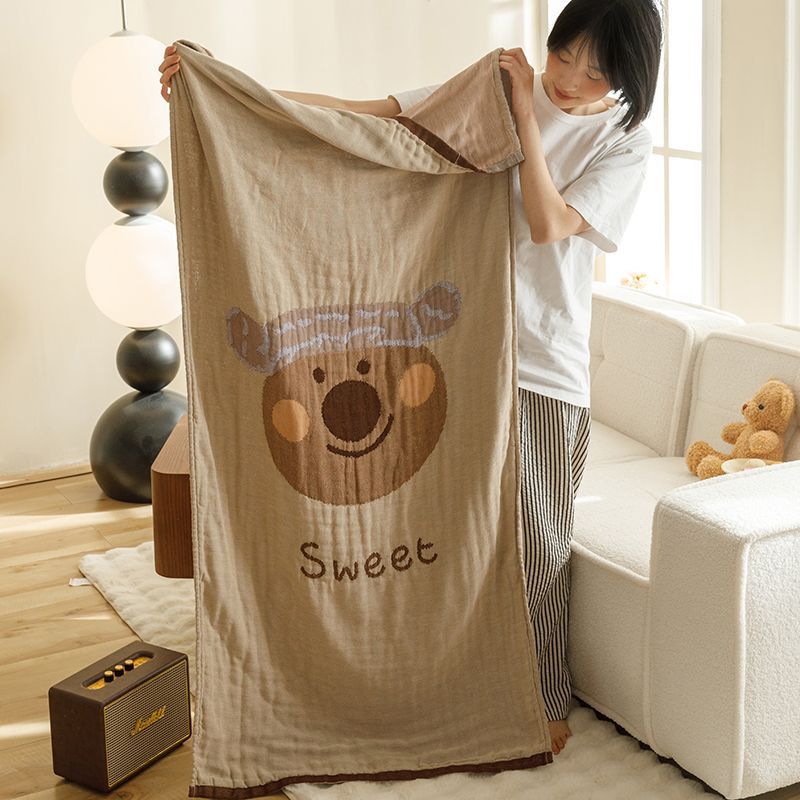 V888-ELOSUNG21142-226721-00 Brown Bear Pattern Soft and Absorbent 4-Layer Cotton Bath Towel for Adults and Children | Cartoon Design | 80*160 cm | Perfect for Bathing and Lounging - Image 1