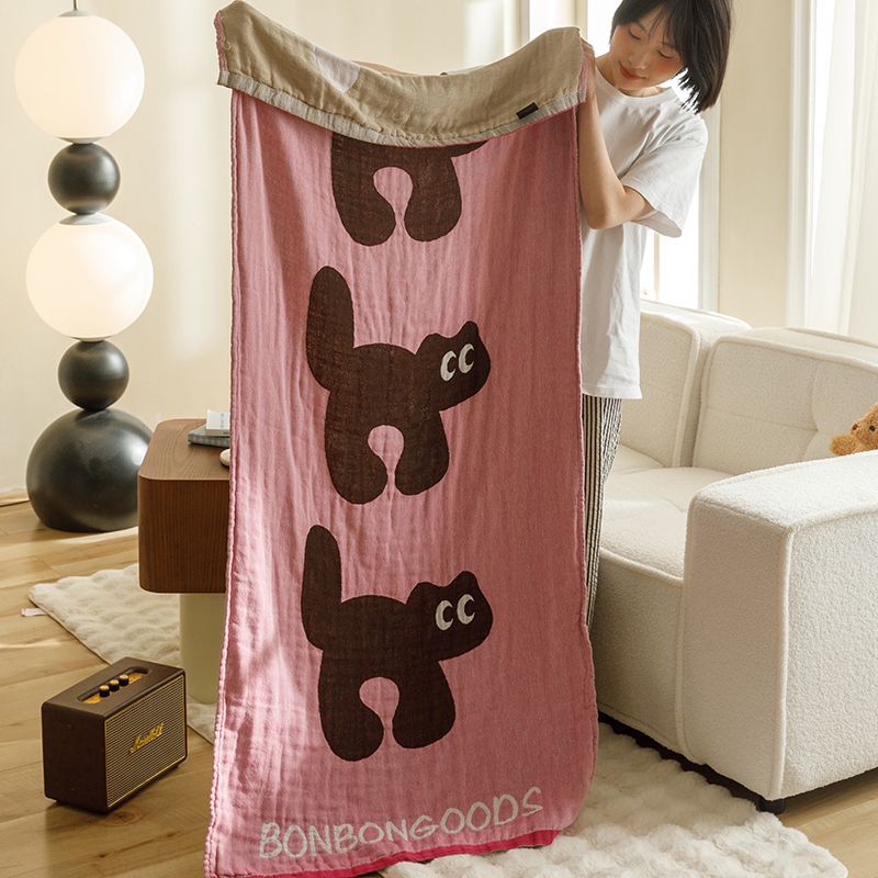 V888-ELOSUNG21146-226725-00 Cats Pattern Soft and Absorbent 4-Layer Cotton Bath Towel for Adults and Children | Cartoon Design | 80*160 cm | Perfect for Bathing and Lounging - Image 1