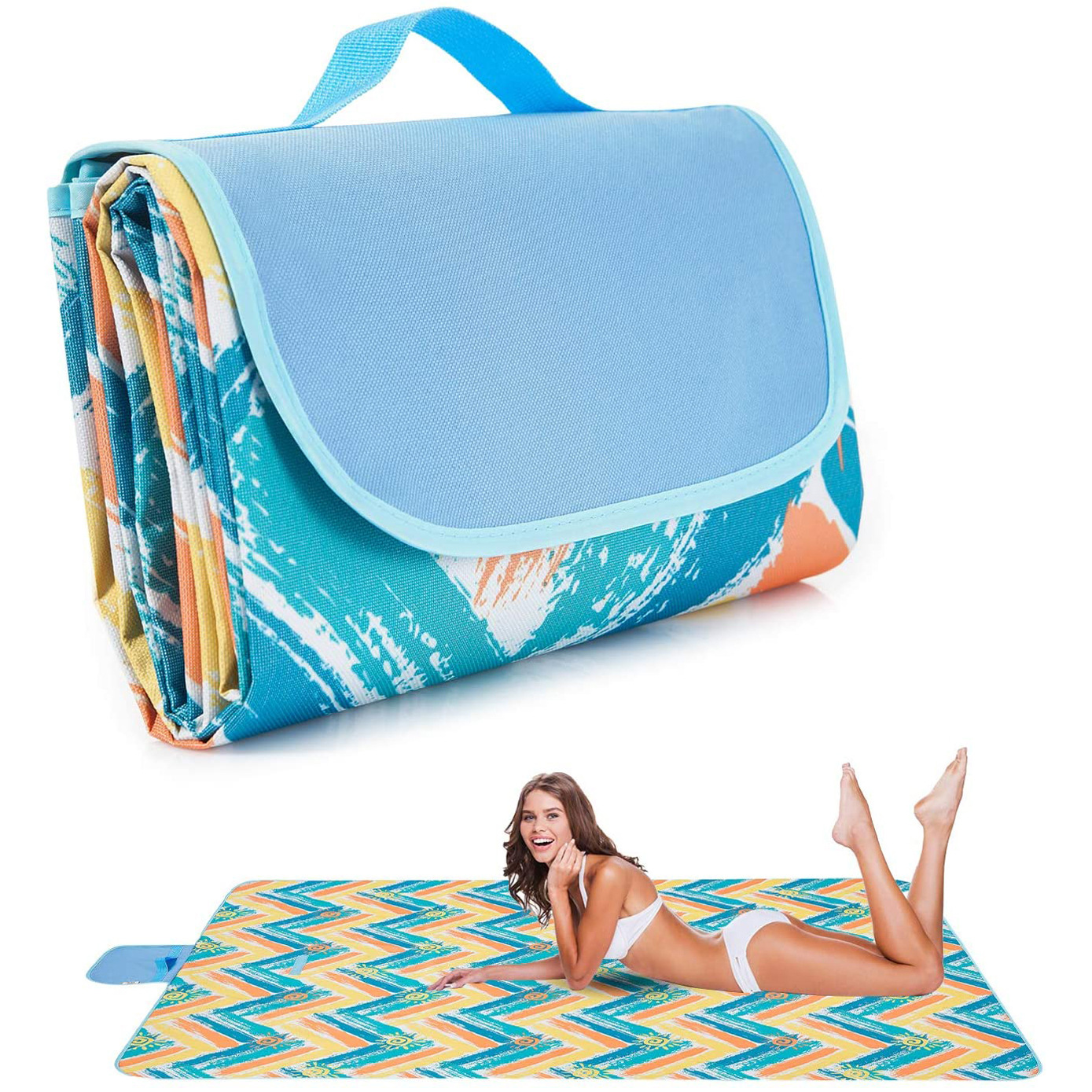 V888-ELOSUNG21266-202502241541-00 Blue Stripes Stitching Premium Picnic Mat - Extra Thick & Waterproof Oxford Cloth Camping Blanket - 145x200cm - Image 1