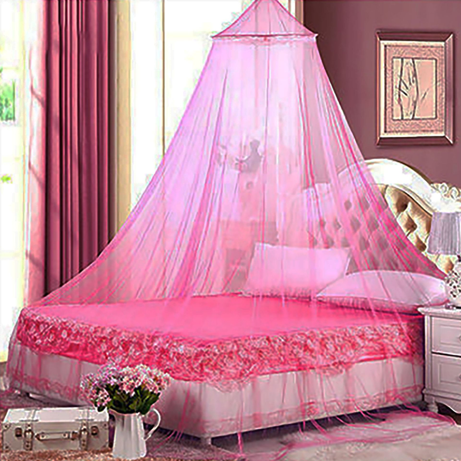 V888-ELOSUNG21271-202502241036-00 Pink Hanging Princess Bed Canopy Mosquito Net - Dome Bedding for Dorm Rooms & Bedrooms (Fits ≤1.5m Beds) - Image 1