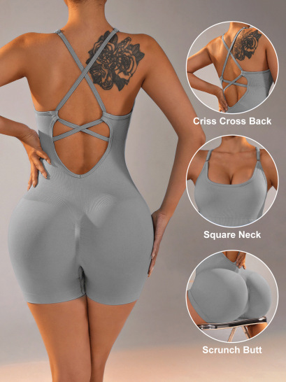 V888-ELOSUNG21291-202502241720-00 Size XS Light Grey Nylon Seamless Yoga Bodysuit - Women's Athletic Romper, Crisscross Back, Workout Jumpsuit - Image 1
