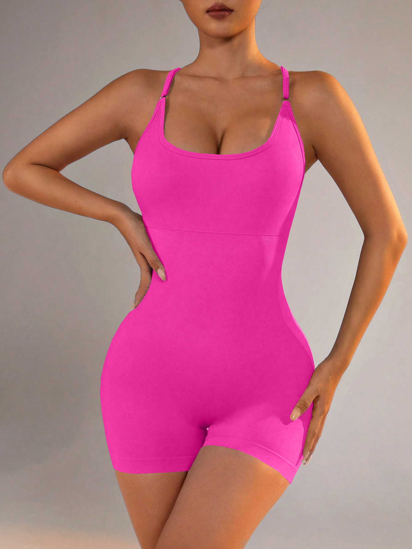V888-ELOSUNG21302-202502241730-00 Size L Rose Red Grey Nylon Seamless Yoga Bodysuit - Women's Athletic Romper, Crisscross Back, Workout Jumpsuit - Image 1