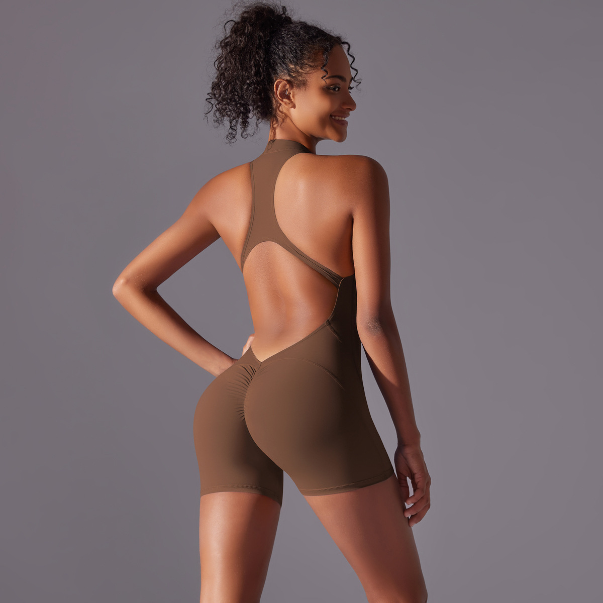 V888-ELOSUNG21321-202502251030-00 Size S Brown High-Impact Seamless Bodysuit - Nude Feel Yoga & Fitness Romper - Image 1