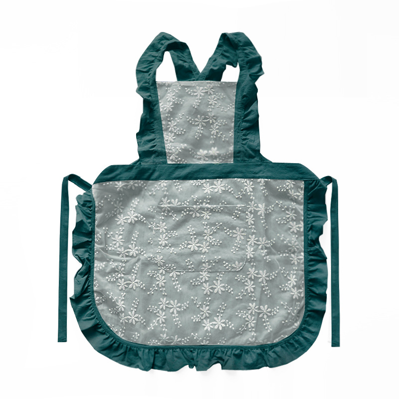 V888-ELOSUNG21359-202502261535-00 Blue Ruffled Kitchen Apron with Floral Lace - Comfortable Baking & Crafting Apron - Image 1